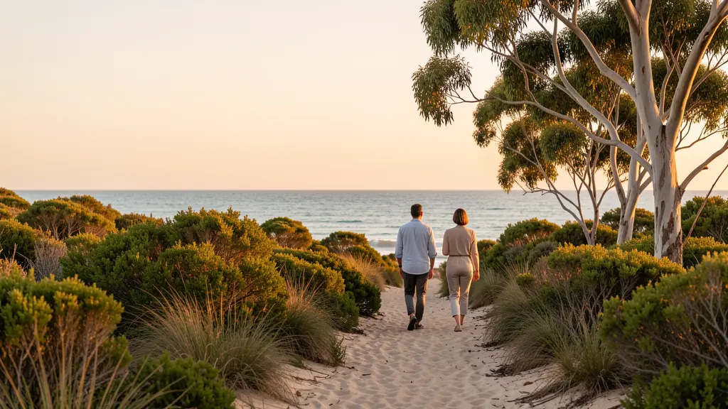 Two people walking side by side on a coastal path through native scrub